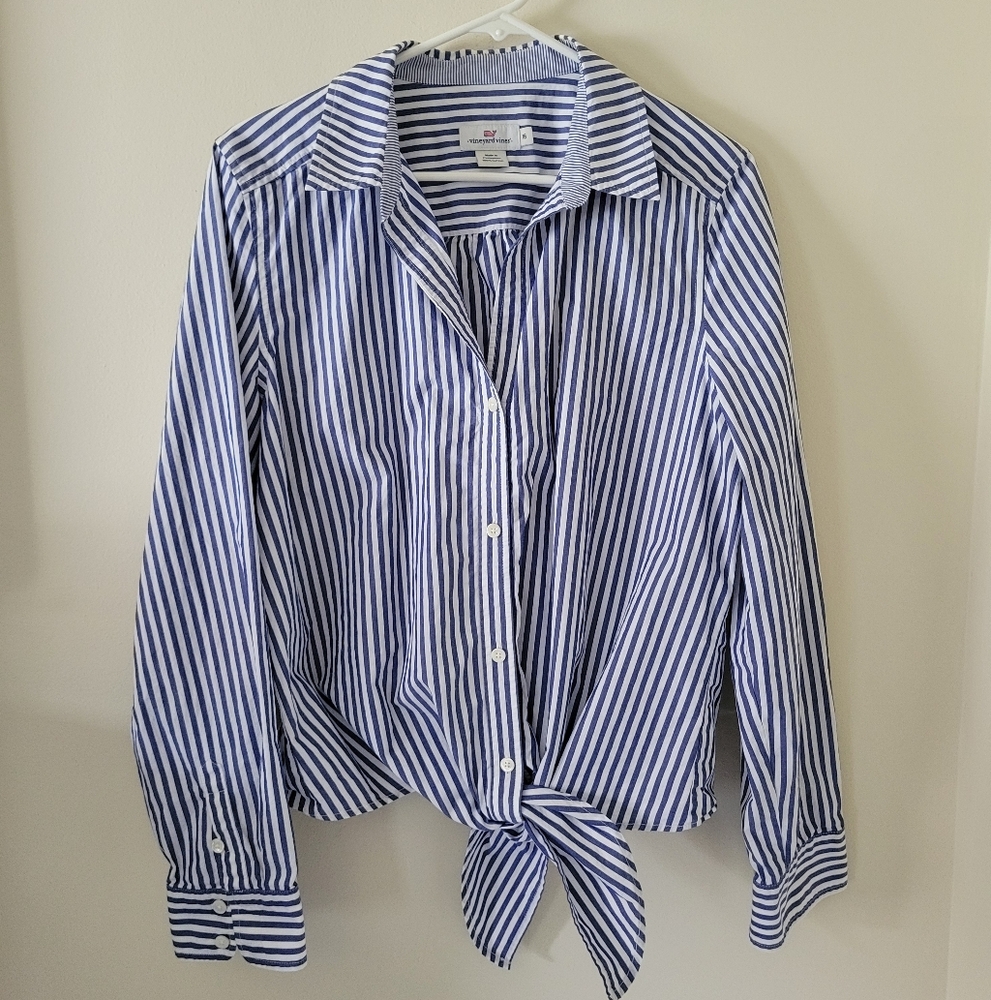 Vineyard Vines Blue Striped Front Tie Blouse - Picture 3 of 8